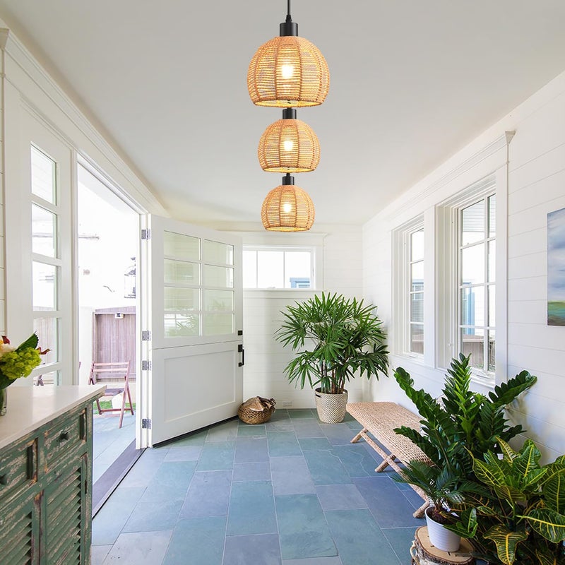 KENMI Woven Pendant Light Boho Chandelier, Rattan Pendant Lights Kitchen Island, Farmhouse Pendant Lighting with Hand Woven Wicker Shade, Boho Chandelier Light Fixtures Ceiling Hanging Light - Image 5